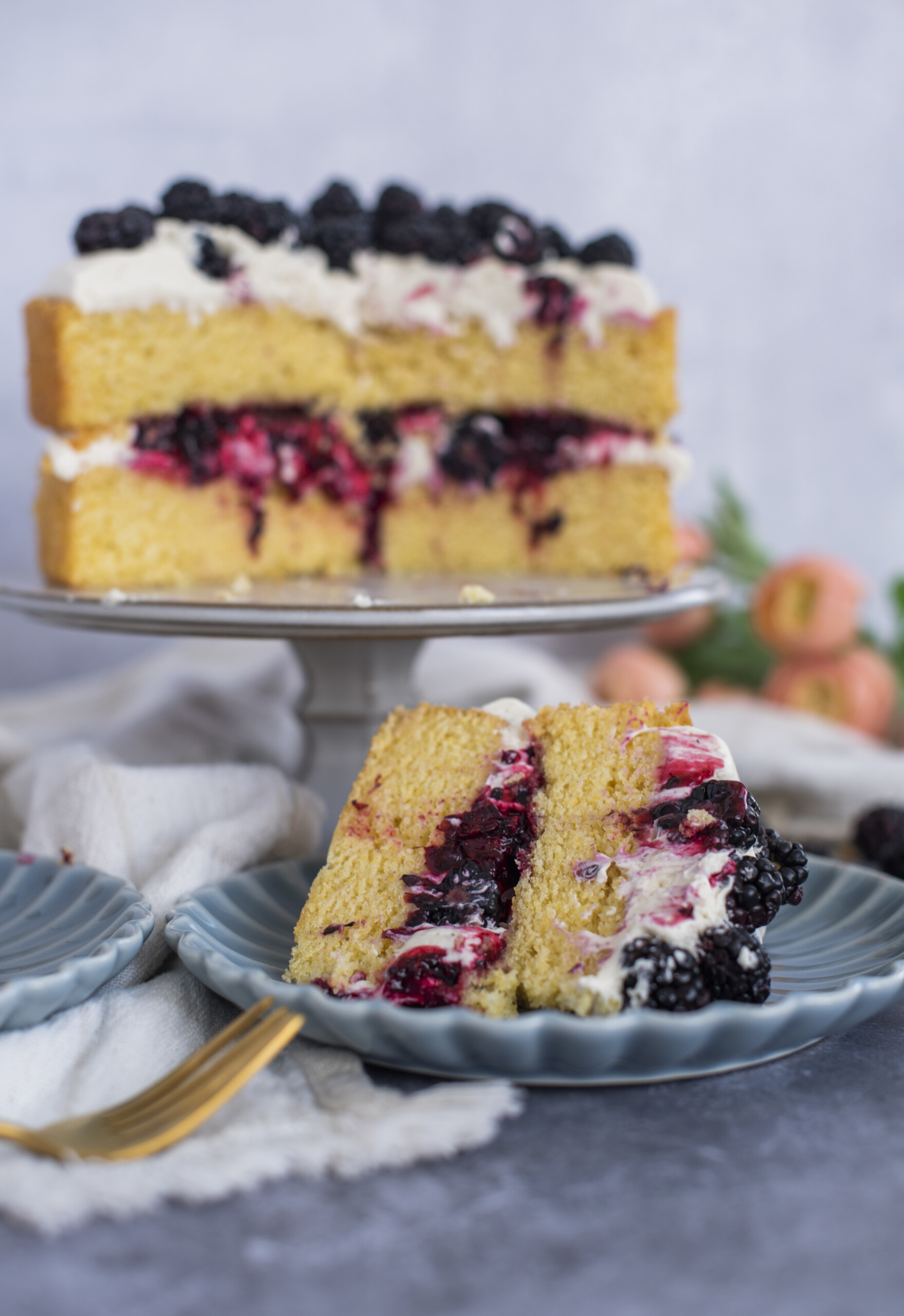 Slice of cake on a plate.