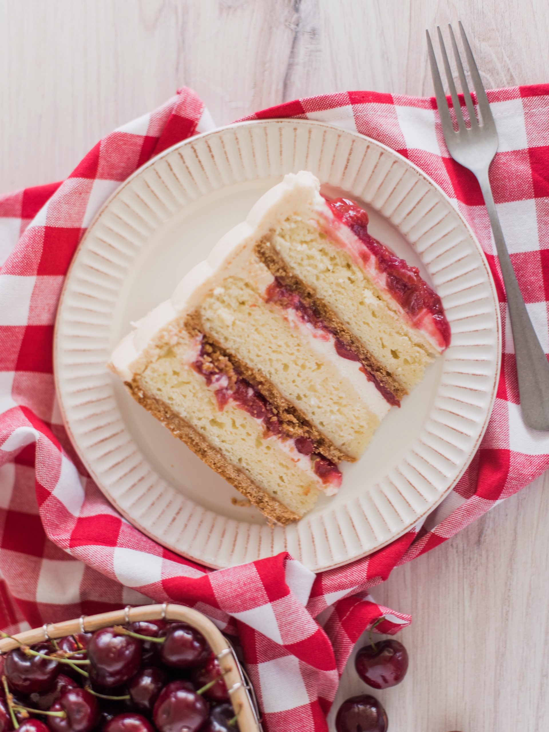 A slice of cake on a plate with a fork.