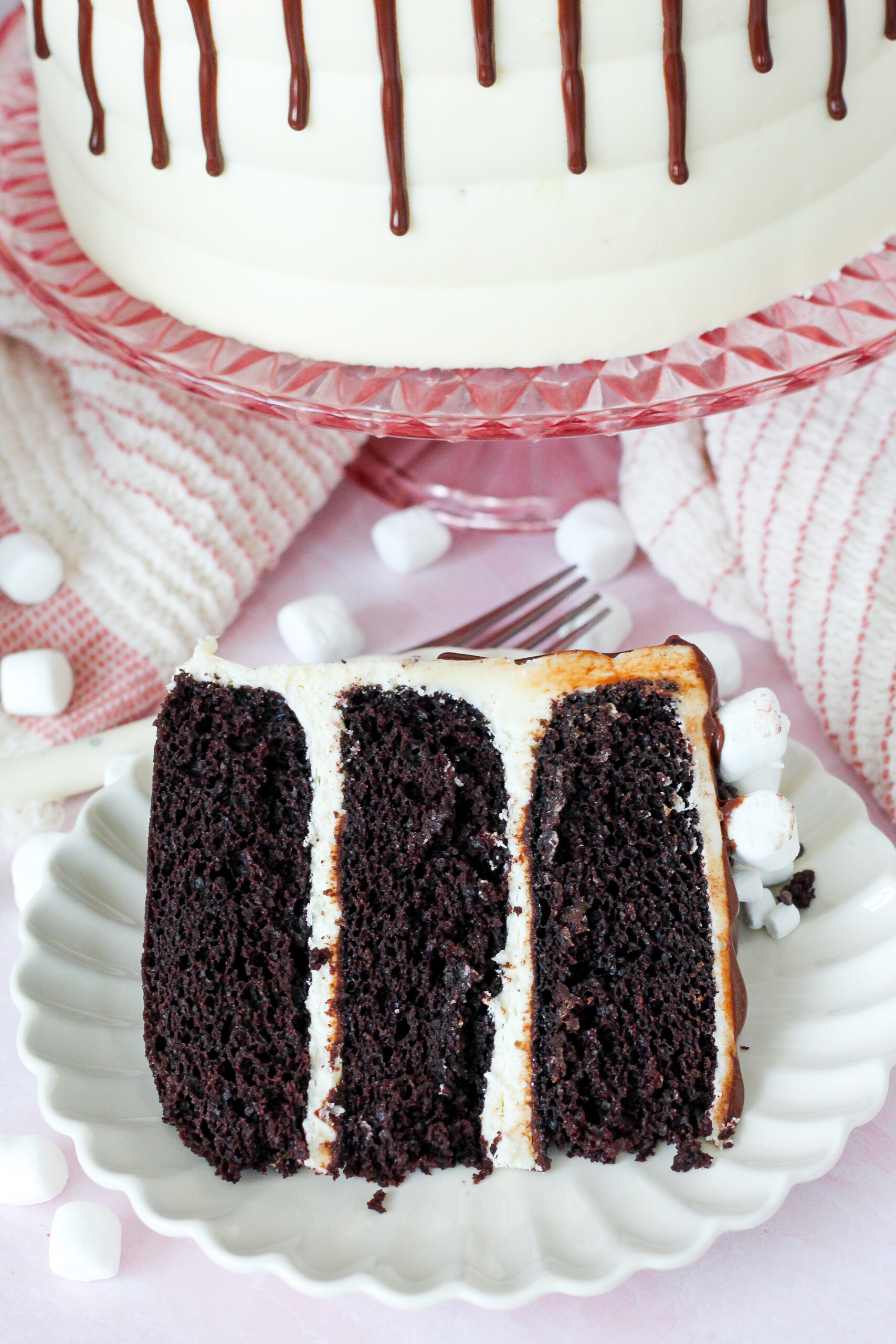 Slice of chocolate cake on a plate.