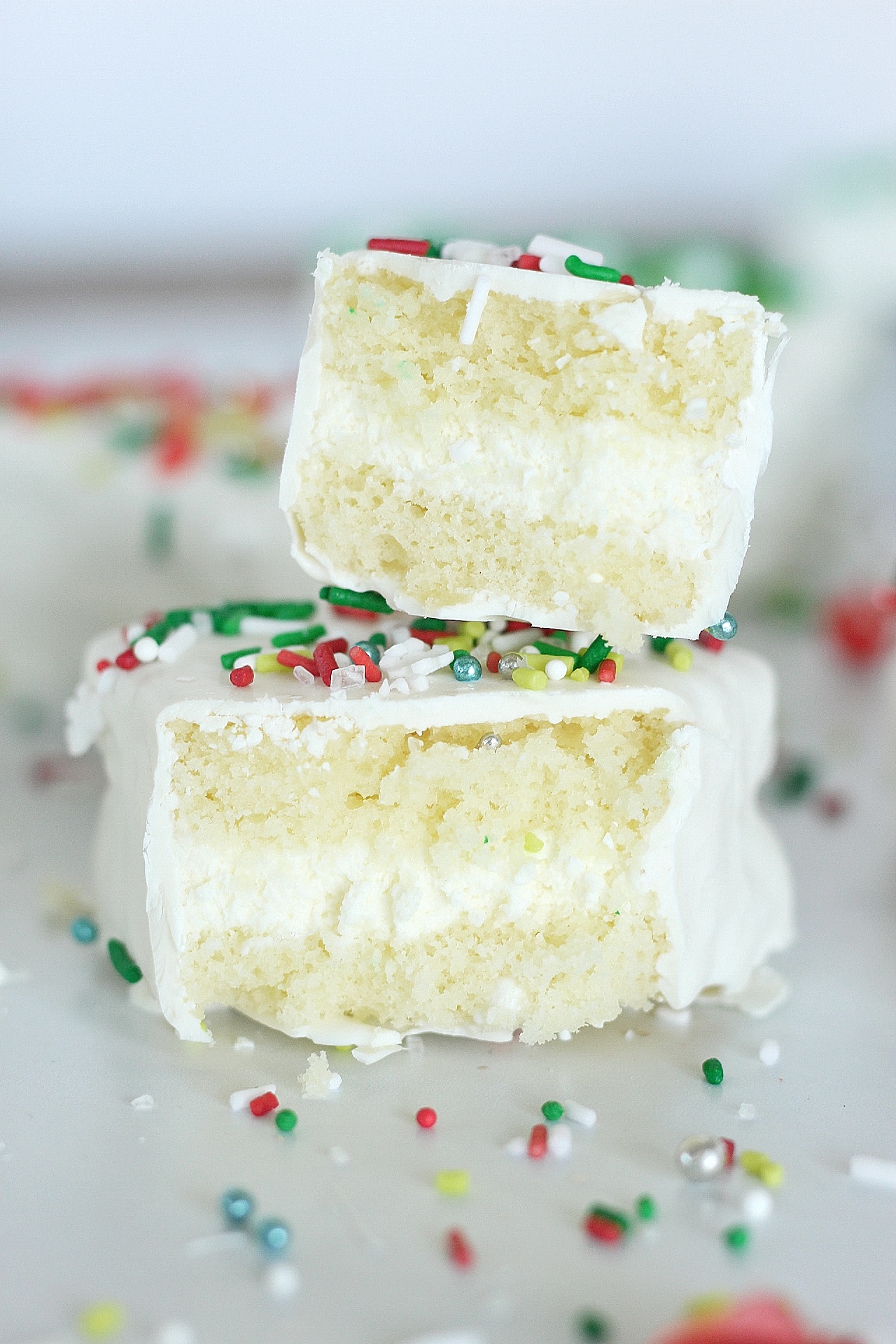 Homemade Christmas Tree Cakes cut in half.