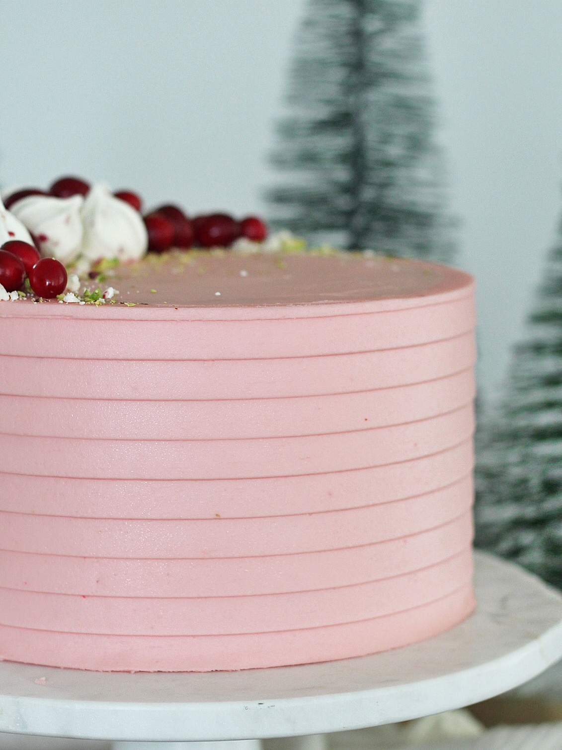 Close up picture of the texture on a cake with cranberries on top.